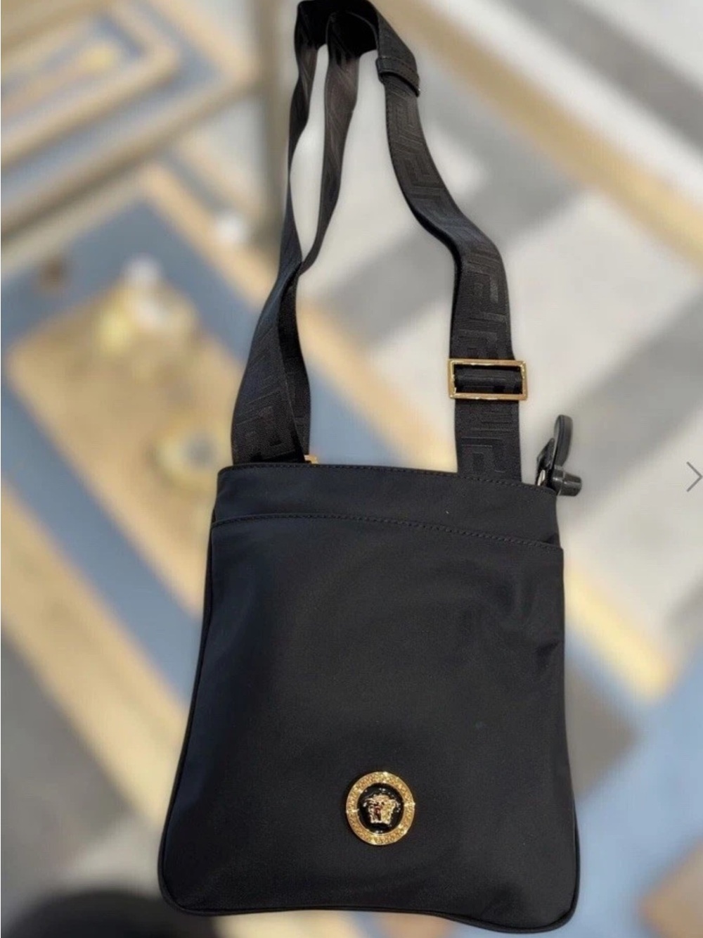VERSACE Flat Crossbody Bag Fabric Calf Leather Black $850 Retail